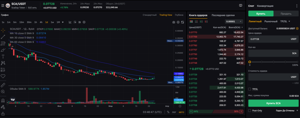 Интерфейс спотовой торговли токеном Scallop на Bybit