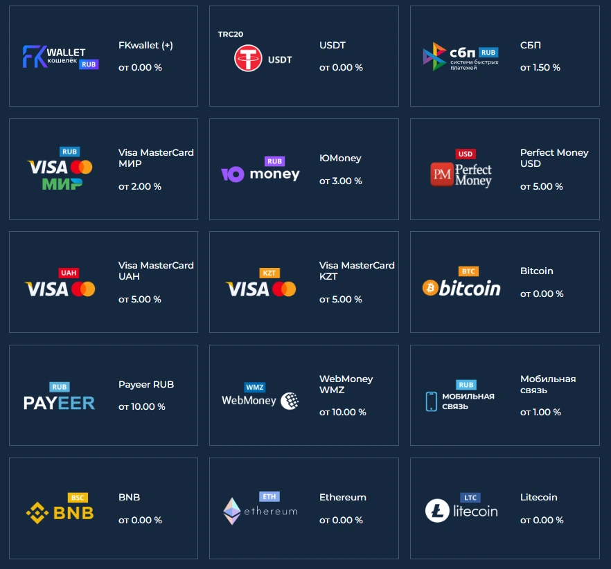 Варианты пополнения FKwallet банковскими картами и криптовалютой