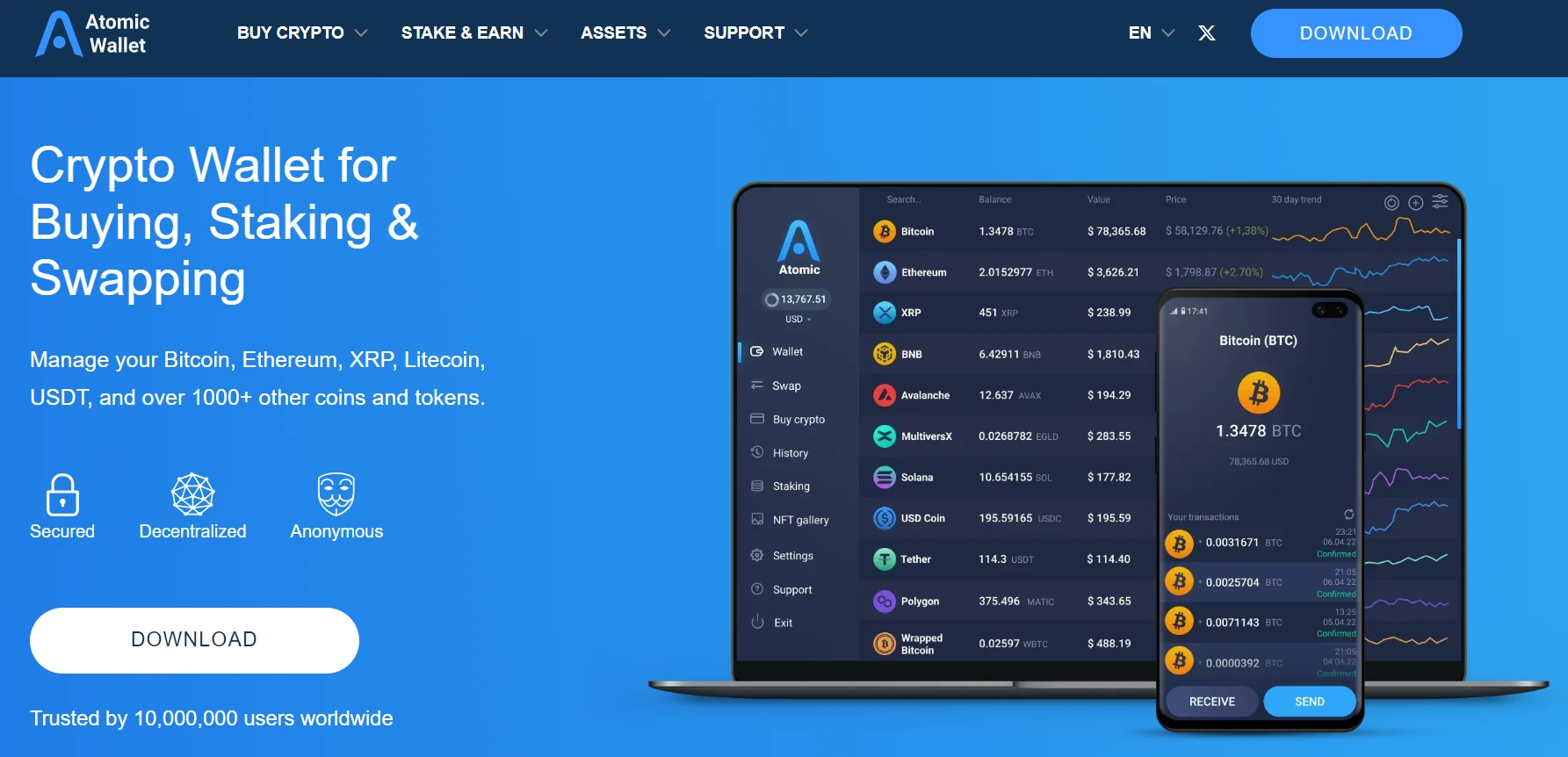 Главная страница криптокошелька Atomic Wallet