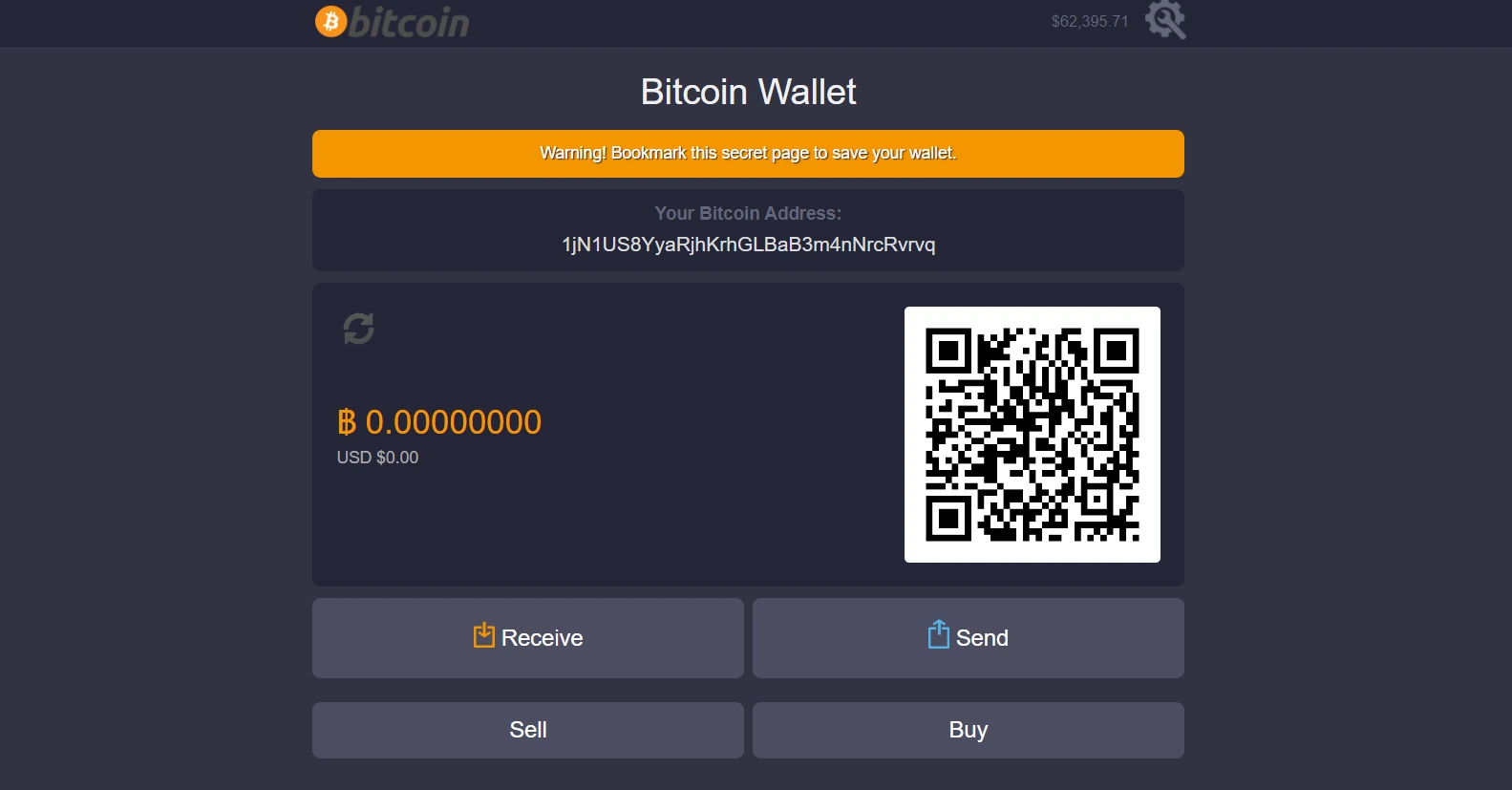 Экран баланса биткоин-кошелька и QR-код адреса